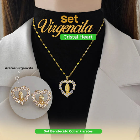 Coleccion Exclusiva! SET DE COLLAR Y ARETES VIRGENCITA CRISTAL HEART